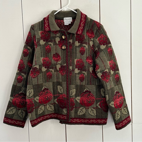 Cherry Lewis Rose Motif Wool Cardigan Sweater Pewter Button Grandma Core - Picture 1 of 8